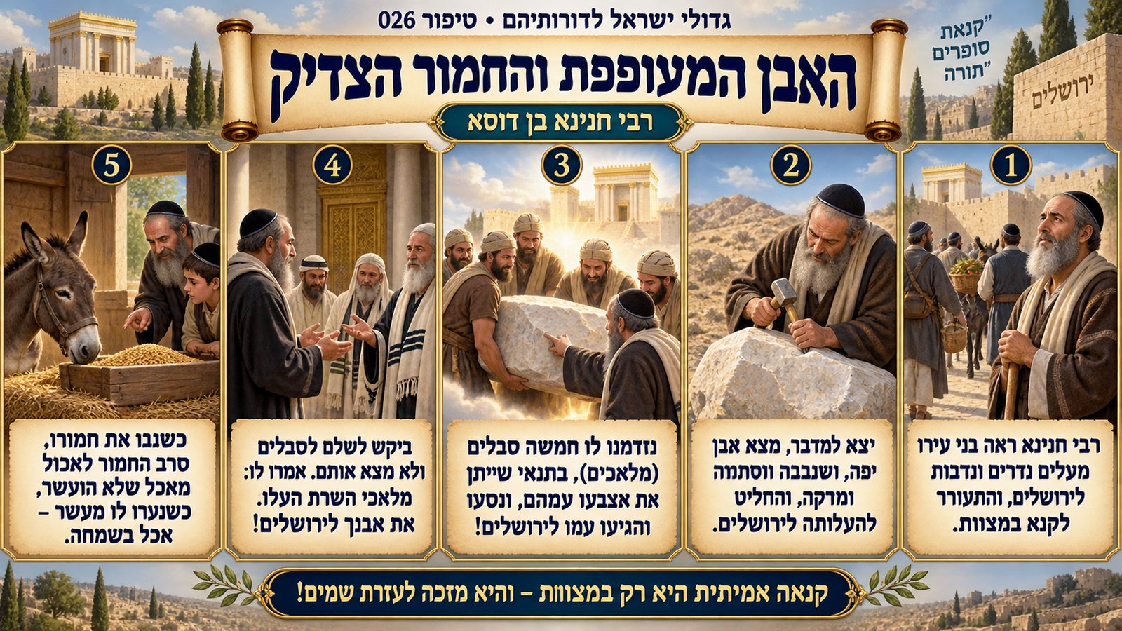 תמונת סיכום — רבי חנינא בן דוסא: האבן המעופפת והחמור הצדיק
